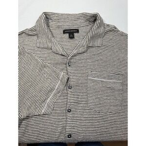 Banana Republic Mens Shirt L Cream/Brn Striped Short Sleeve Camden 100% Linen